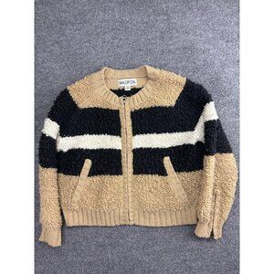 Wildfox Sweater Womens XS Tan Black Stripe Full Zip Boucle Knit Pockets Cozy
